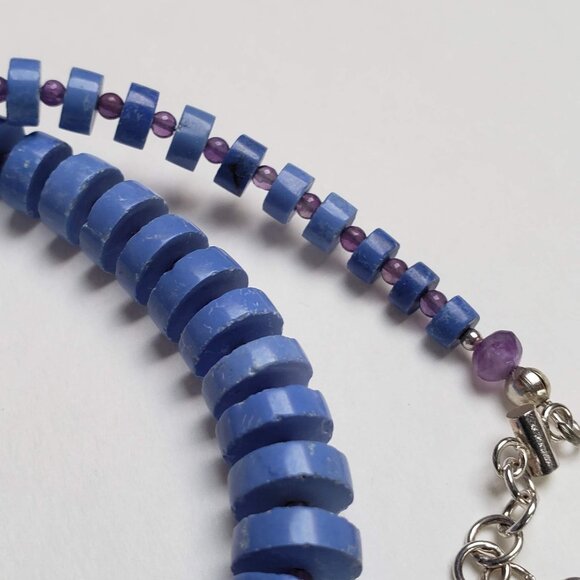 Sterling Silver MAGNESITE AMETHYST CHALCEDONY Necklace Heishi Choker Adjustable - Picture 13 of 16